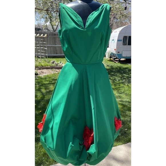 Vintage Dresses & Skirts - Vtg 50s Bubble Hem Cupcake Cocktail Dress Emerald Red Rose Accents Size 0 2 Prom